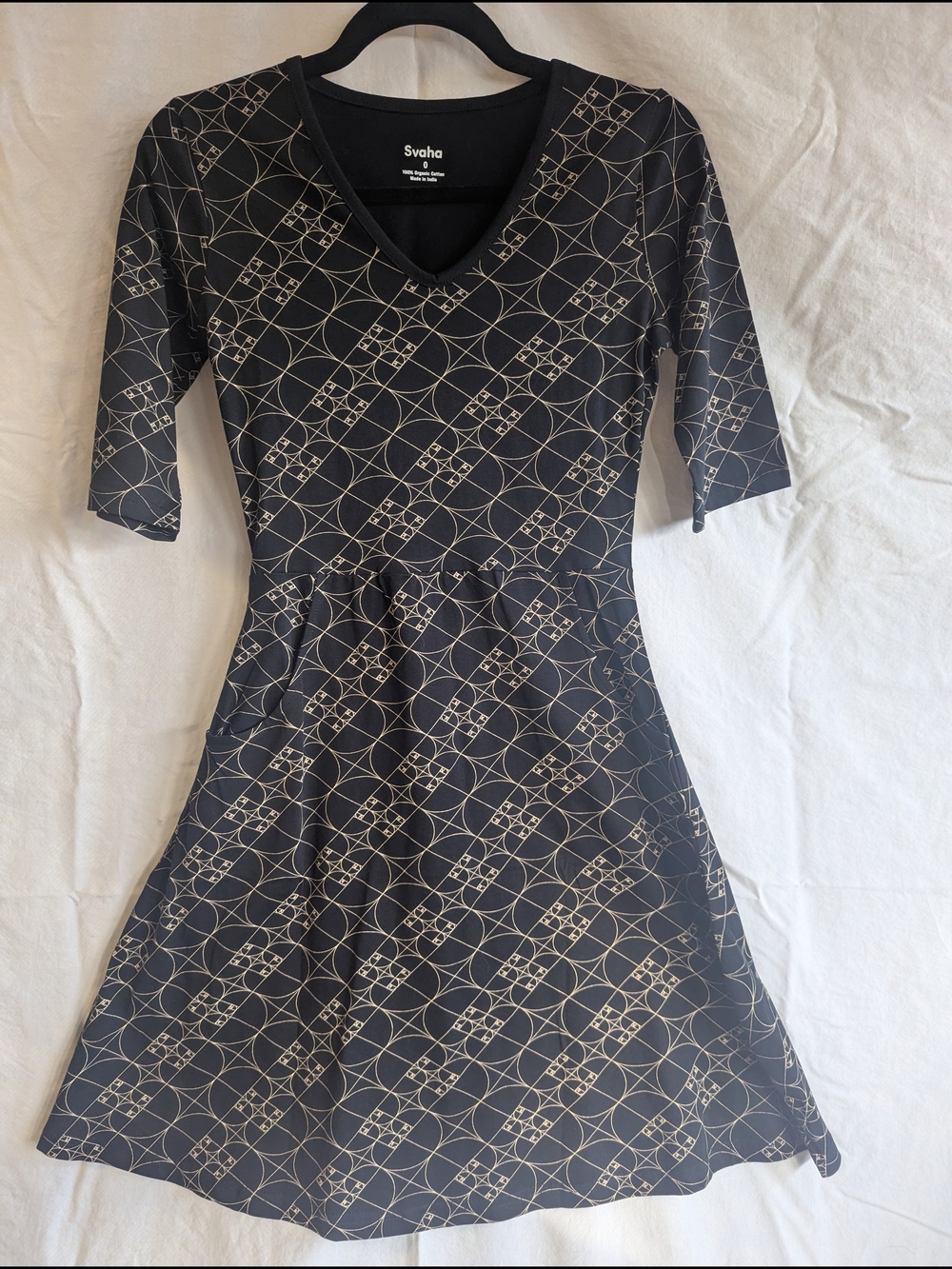 Svaha Black Fibonacci Patterned V-Neck A-Line Dress
